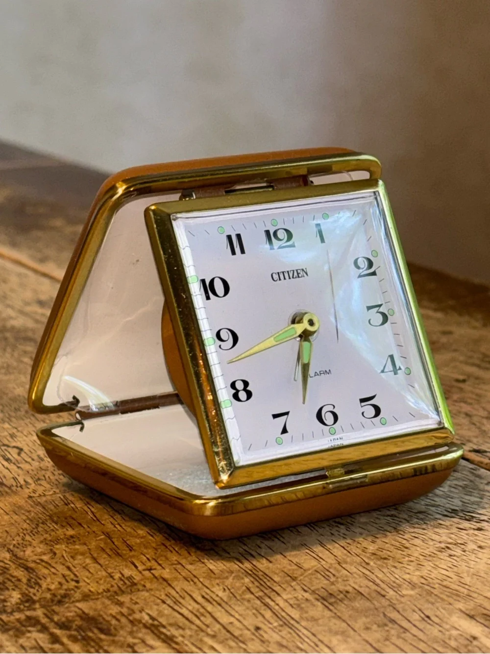 Vintage Citizen Japan Folding Travel Alarm Clock Gold Tone Brown Case Luminous